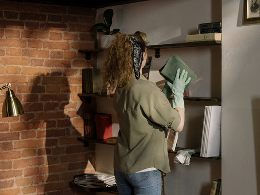 Woman cleaning shelves
