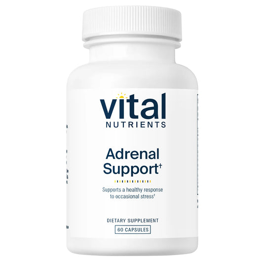 Supplement bottle labeled 'Vital Nutrients Adrenal Support' on a white background