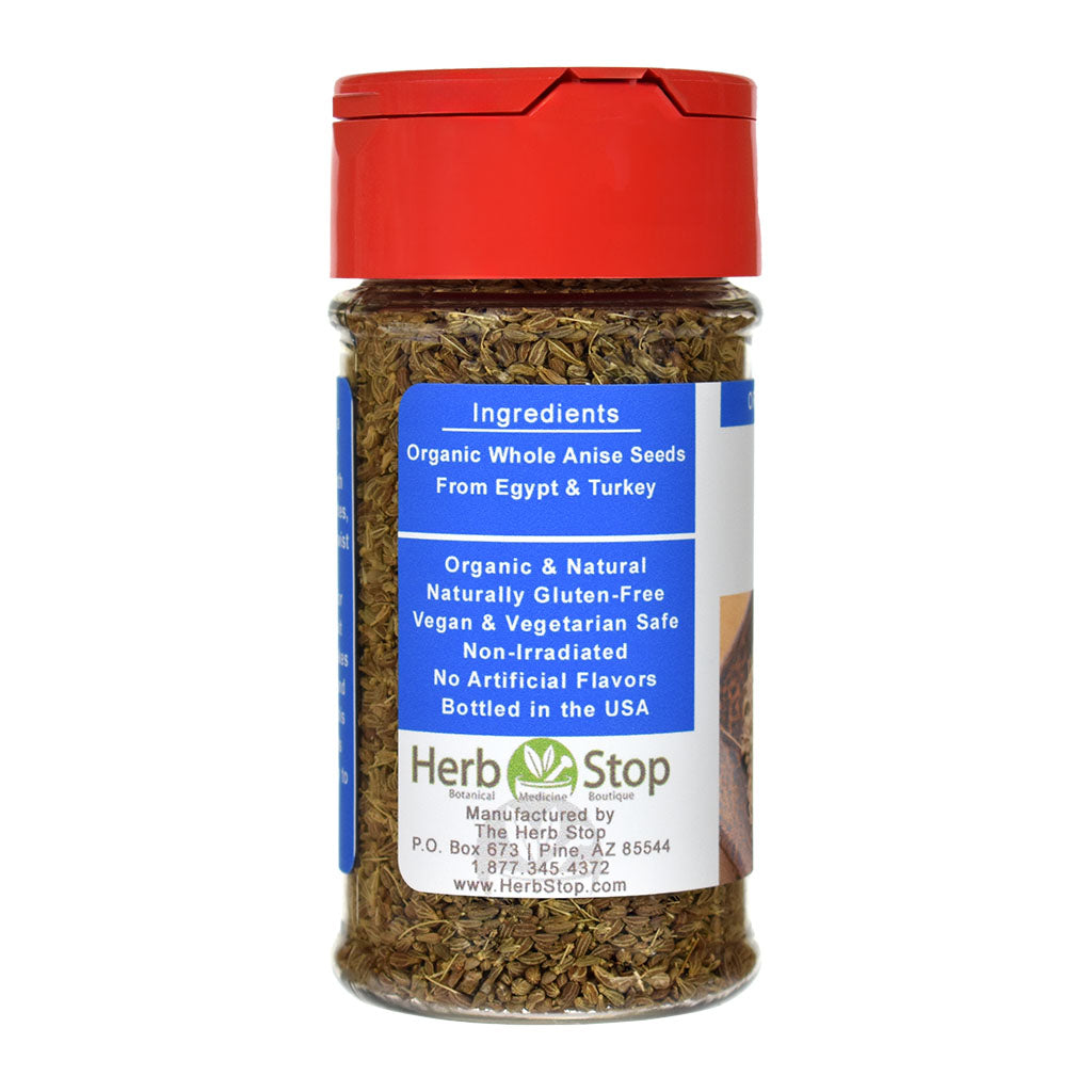 Organic Anise Seeds whole in a jar with a red lid on a white background