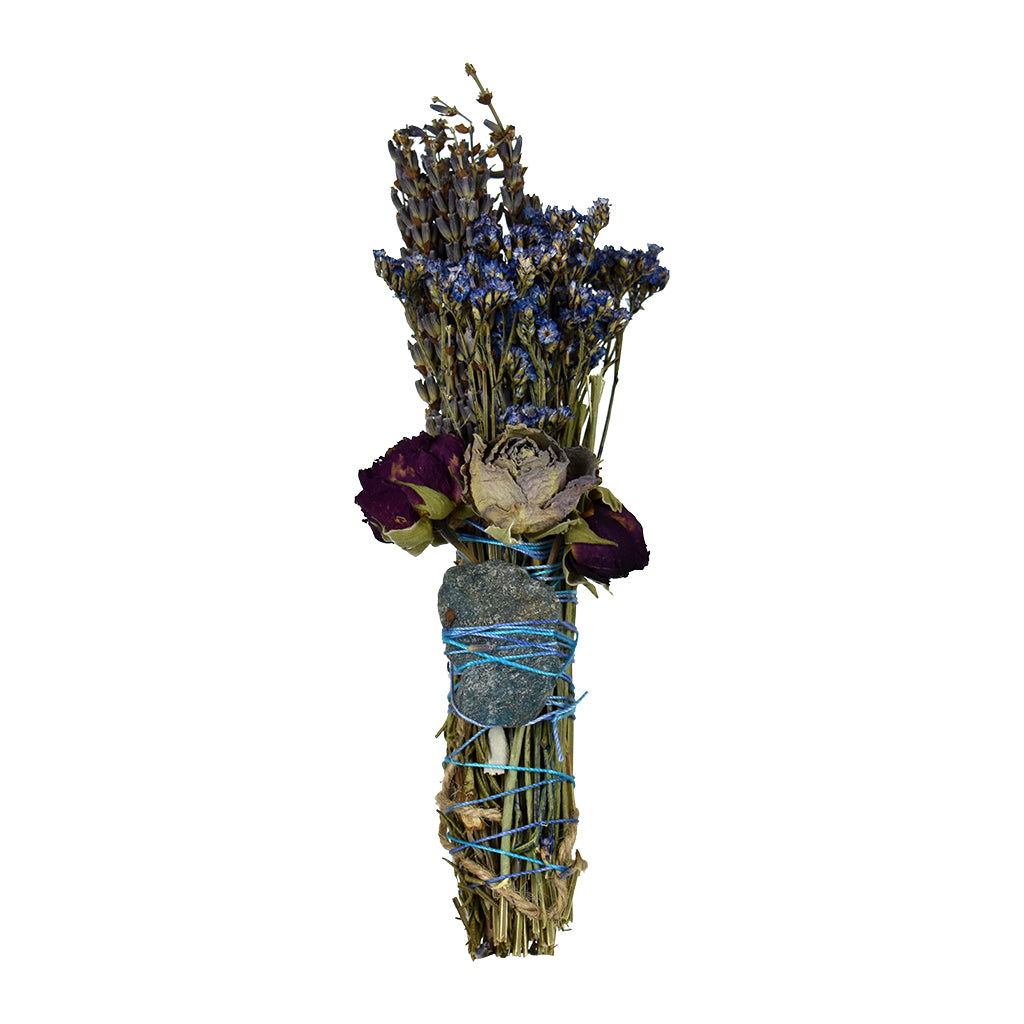 Apatite smudge stick with lavender, rosemary, and deep colored roses wrapped in blue twine