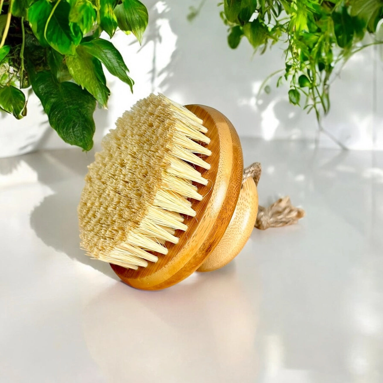 Bamboo dry body brush with natural bristles on a light surface with greenery in the background