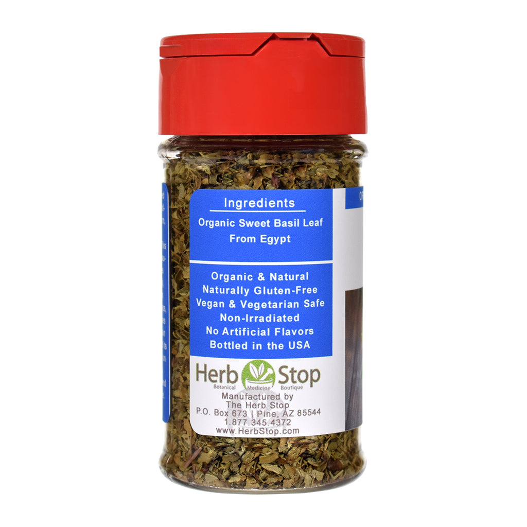 Organic Sweet Basil Leaf spice jar on a white background