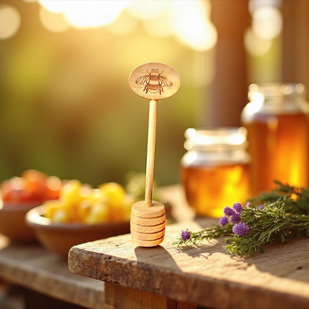 Bamboo honey dipper with bee design on a wooden surface with jars of honey and fruits in the background.