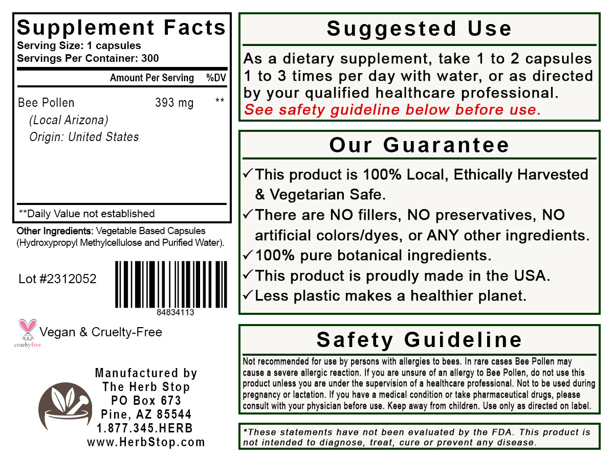 Arizona Local Bee Pollen Capsules Label - Back