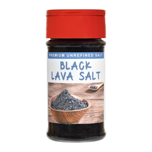 Black Lava Salt spice jar with a red lid on a white background