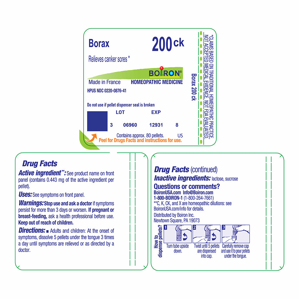 A Boiron brand '200ck' Borax homeopathic medicine product card with drug facts and instructions printed on a white background.
