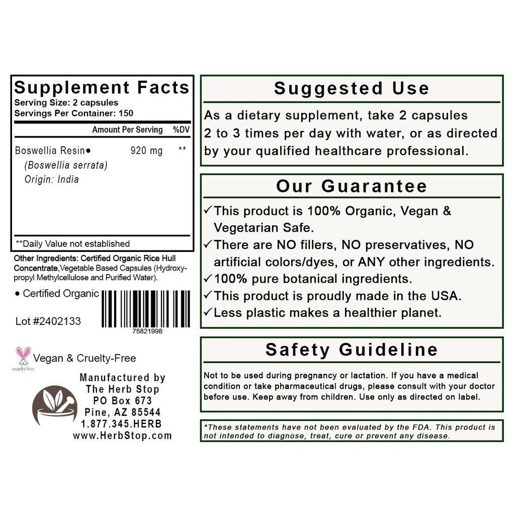 Organic Boswellia Capsules Label - Back