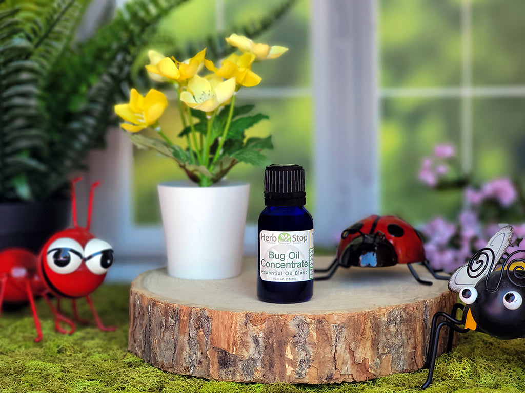 Bug Oil Concentrate Essential Oil surrounded by a forest scene