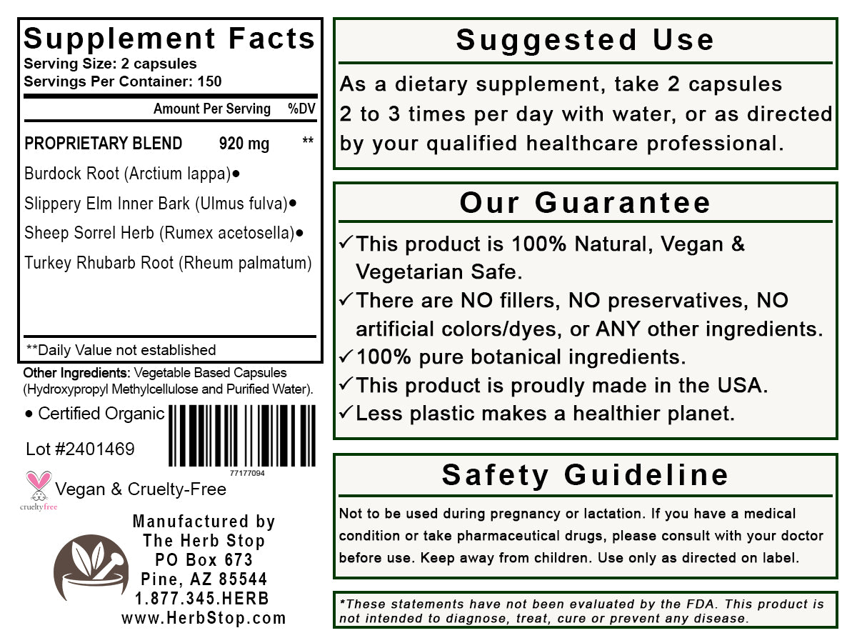 Burdock Formula Capsules Label - Back