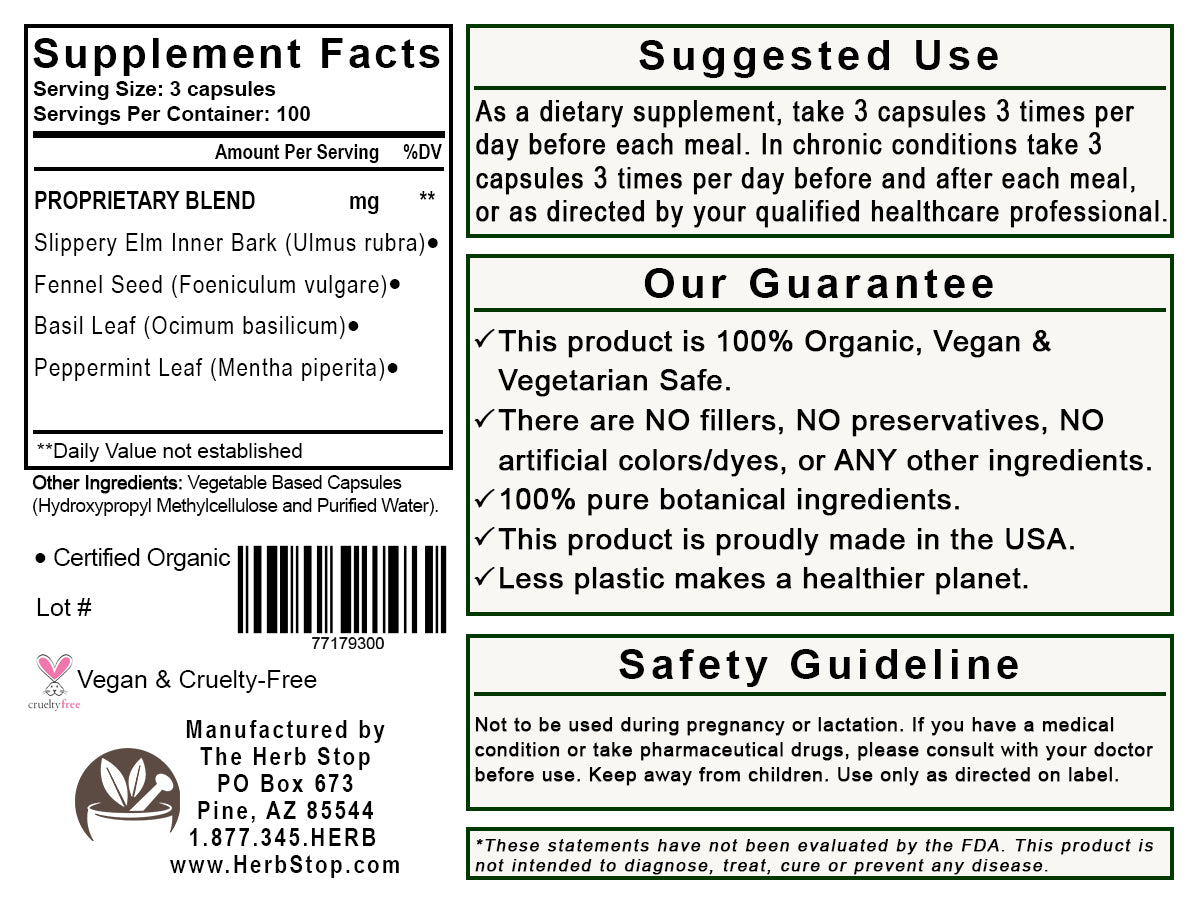 Calm Digestion Capsules Label - Back