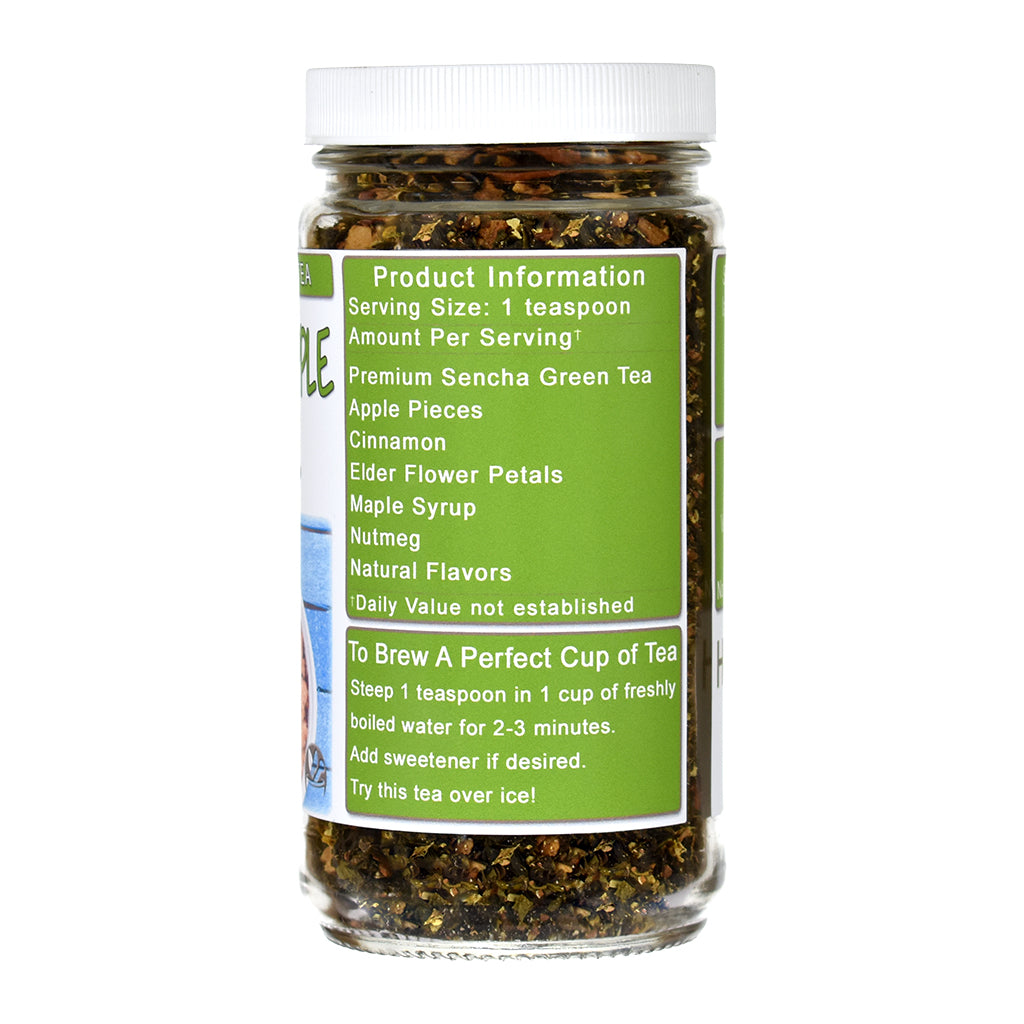 Jar of Caramel Apple Crumble Green Tea with a label on a white background
