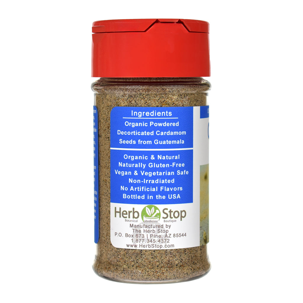 Organic Cardamom Seed Powder spice jar on a white background