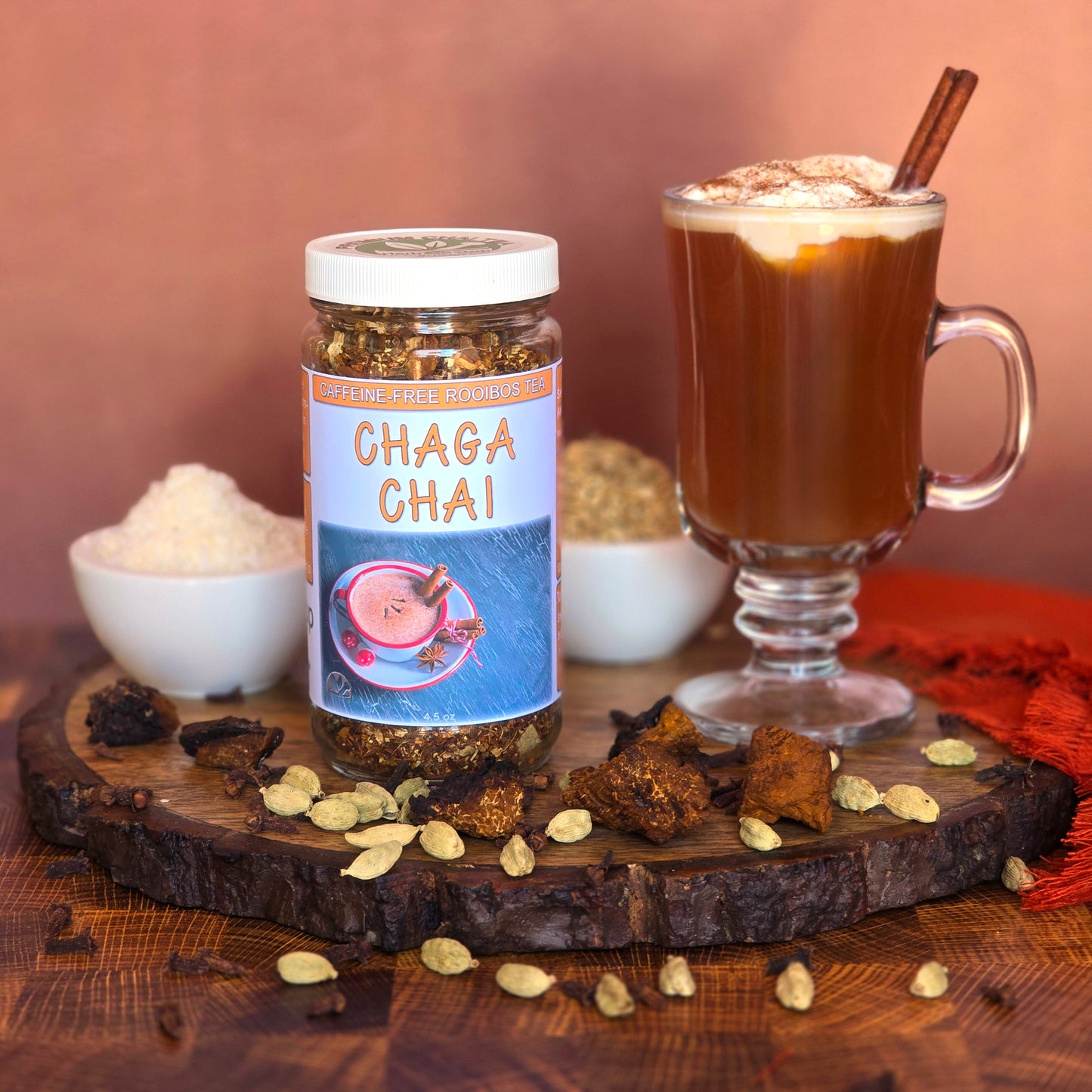 Chaga Chai with cup of tea and dried mushrooms