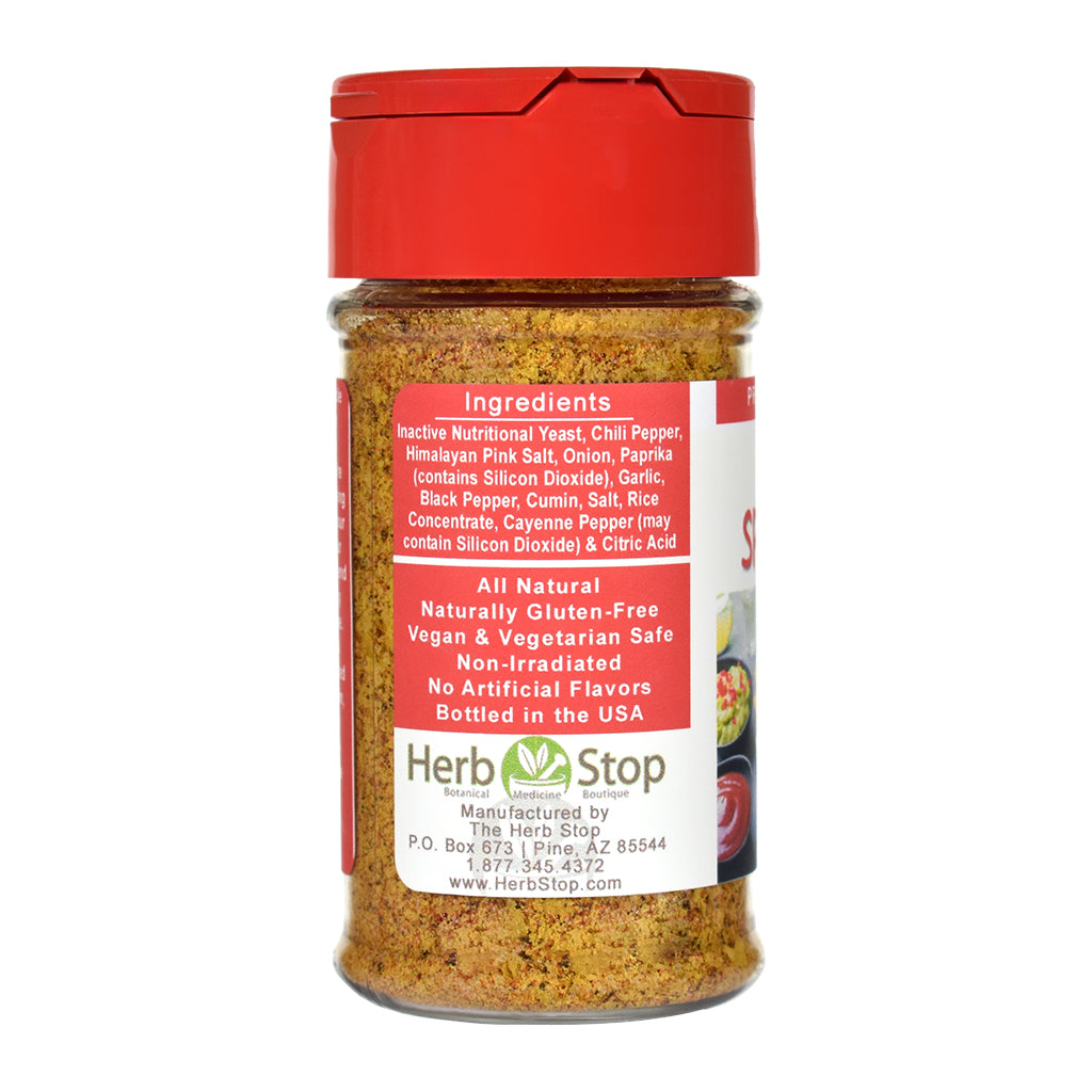 Cheezy Spicy Nacho spice jar with red lid and label on a white background
