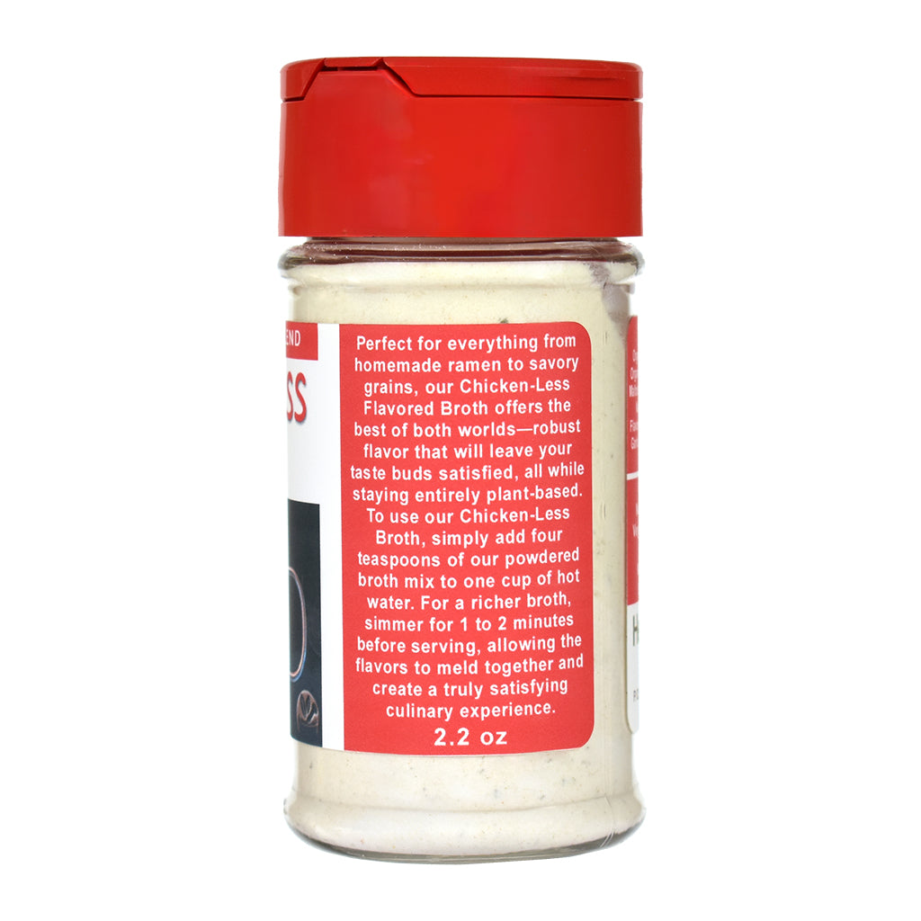 Chicken-Less Flavored Broth jar on a white background
