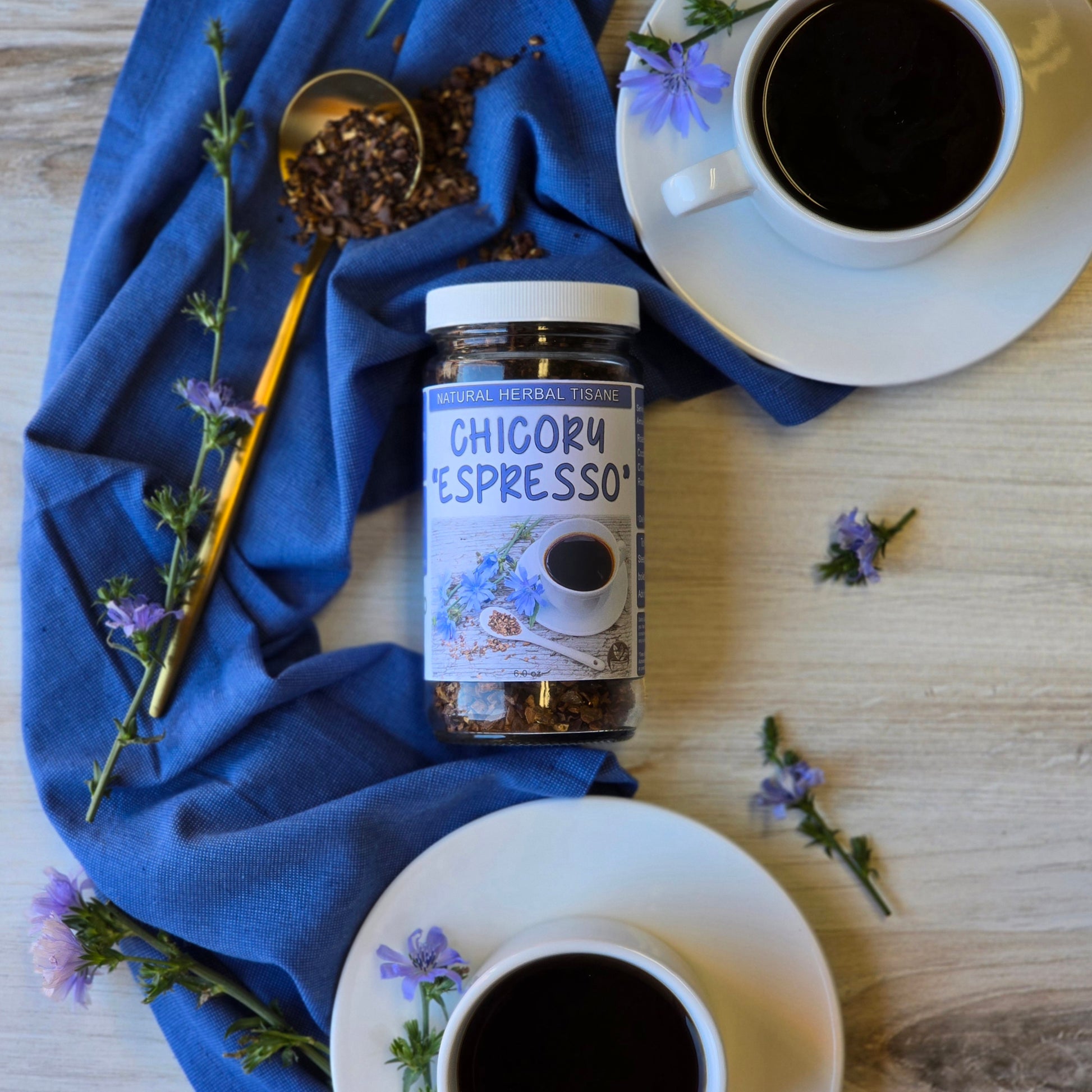 Chicory Espresso Loose Leaf Herbal Tea with blue napkin and two cups