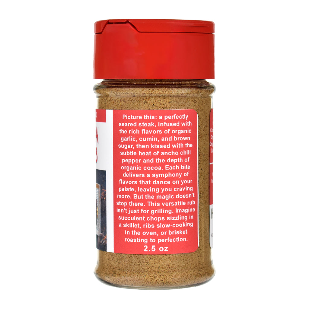 Organic Chili Cocoa Steak Rub Spice Jar - Right Side