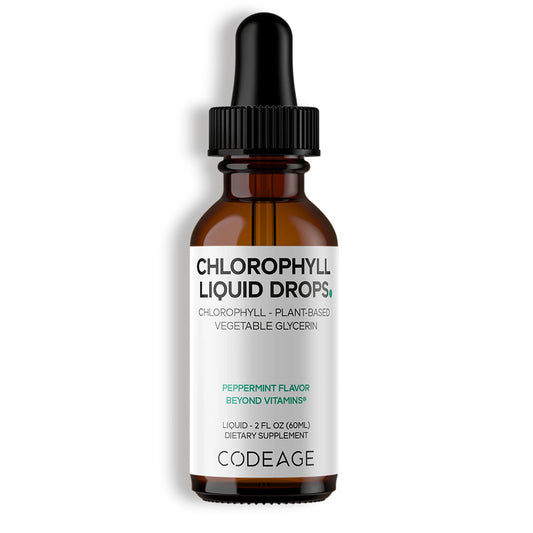 Bottle of Chlorophyll Liquid Drops with Codeage label on a white background