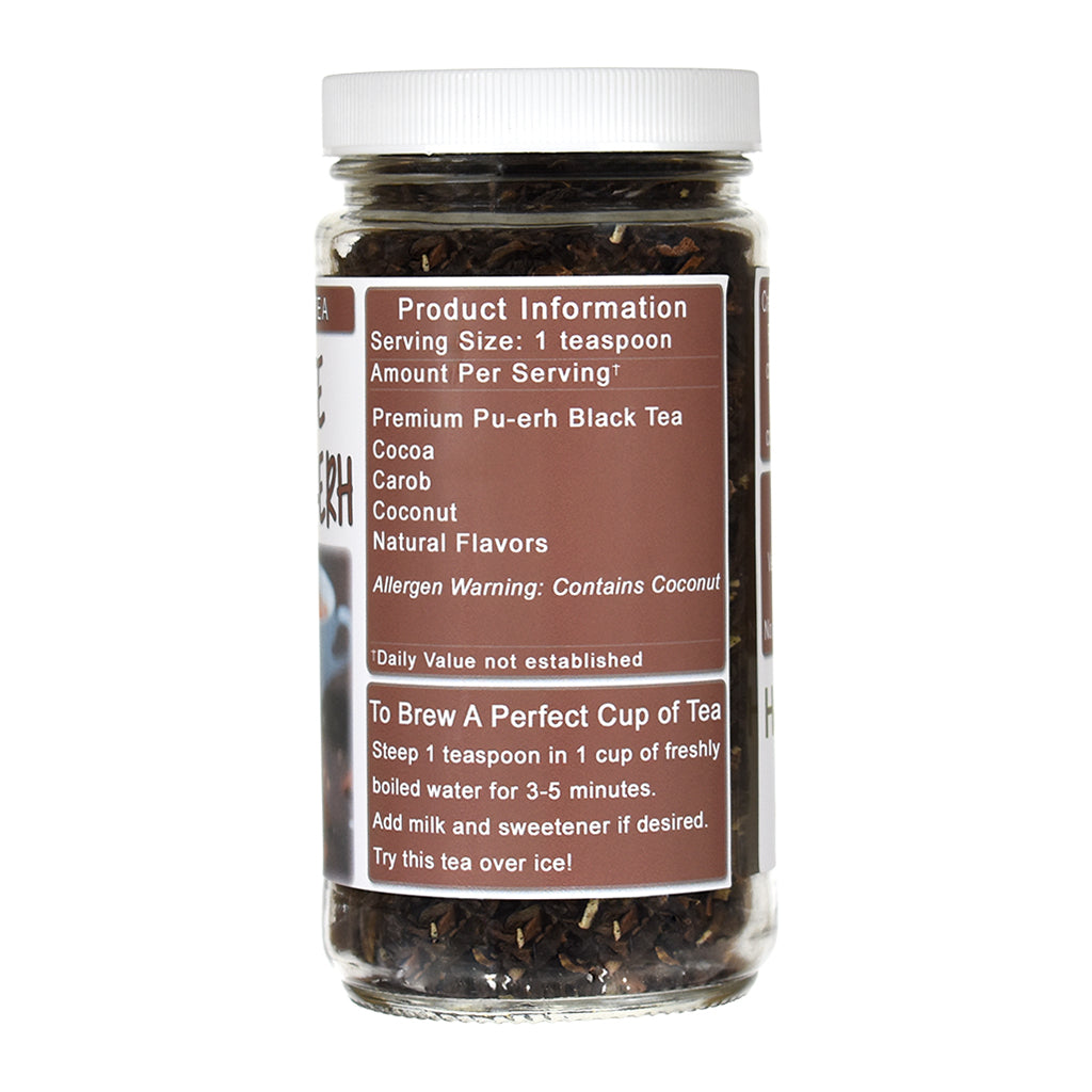 Jar of Chocolate Macaroon Pu-Erh black tea with a label on a white background