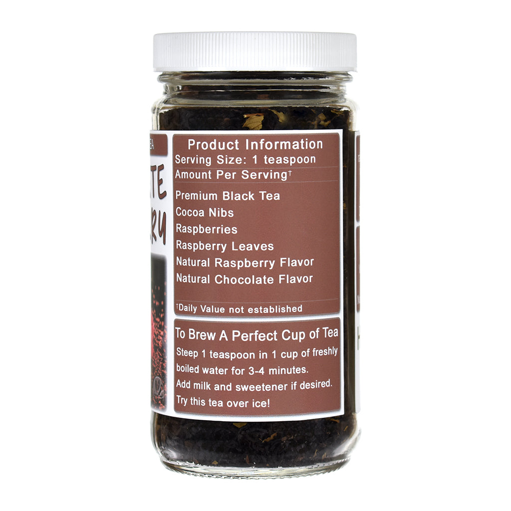 Jar of Herb Stop's Chocolate Raspberry black tea label on a white background