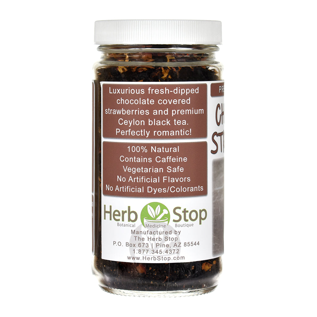 Jar of Herb Stop's Chocolate Strawberry black tea label on a white background