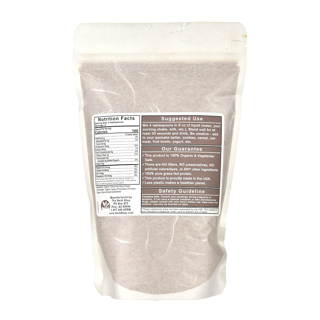 Grass Fed Chocolate Whey Protein Powder Bag Back Label