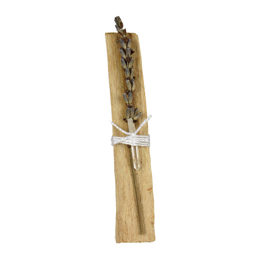 Handcrafted Palo Santo smudge stick with lavender sprig and clear quartz crystal tied together with white string
