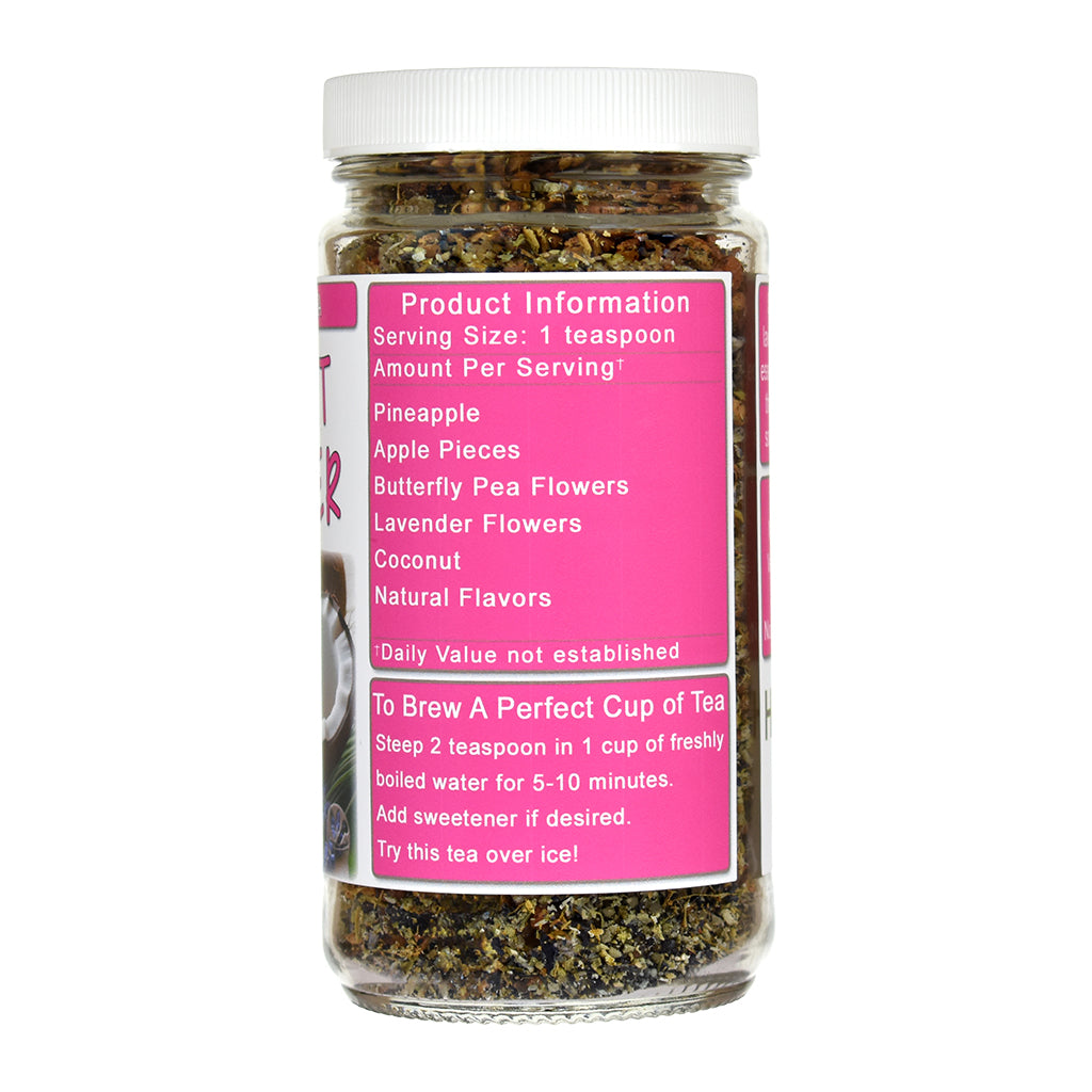 Jar Coconut Lavender Herb & Fruit Tea with a pink label on a white background