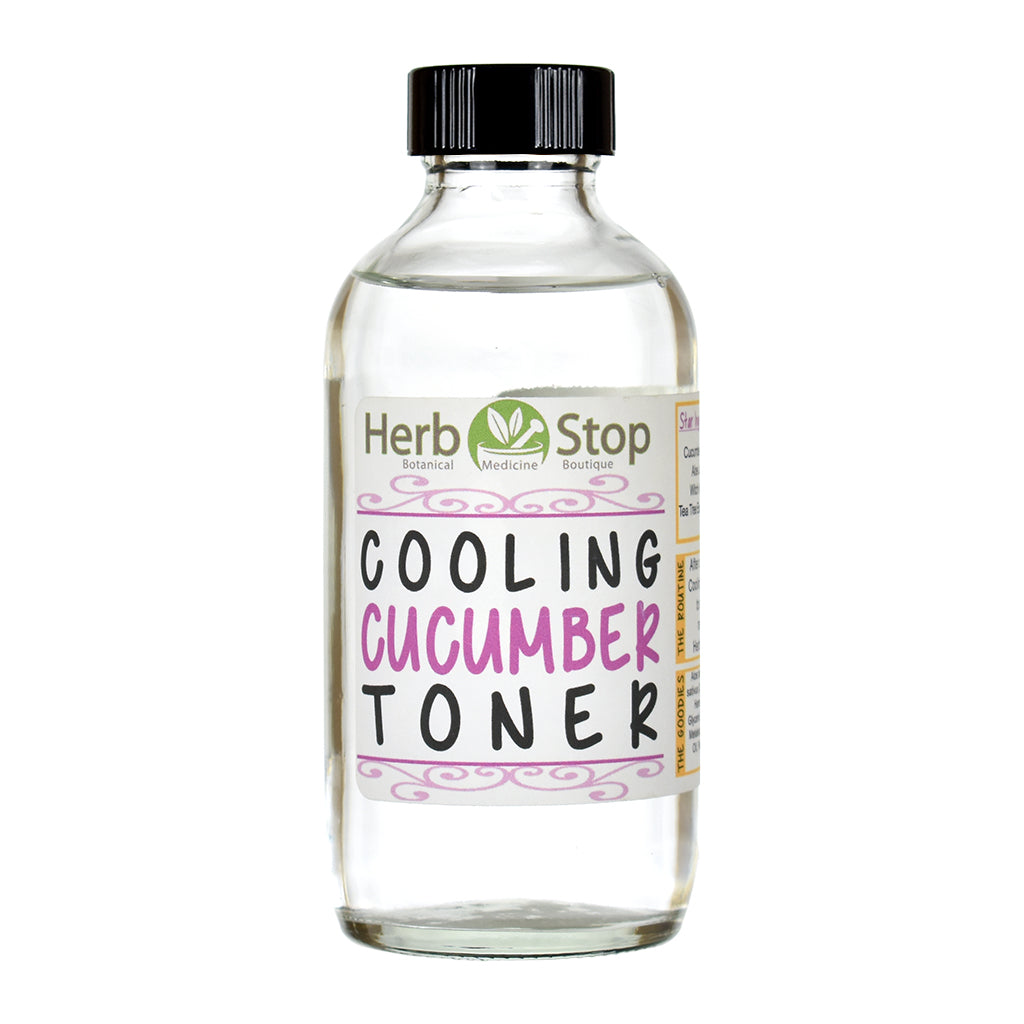 Bottle of Herb Stop Cooling Cucumber Toner on a white background