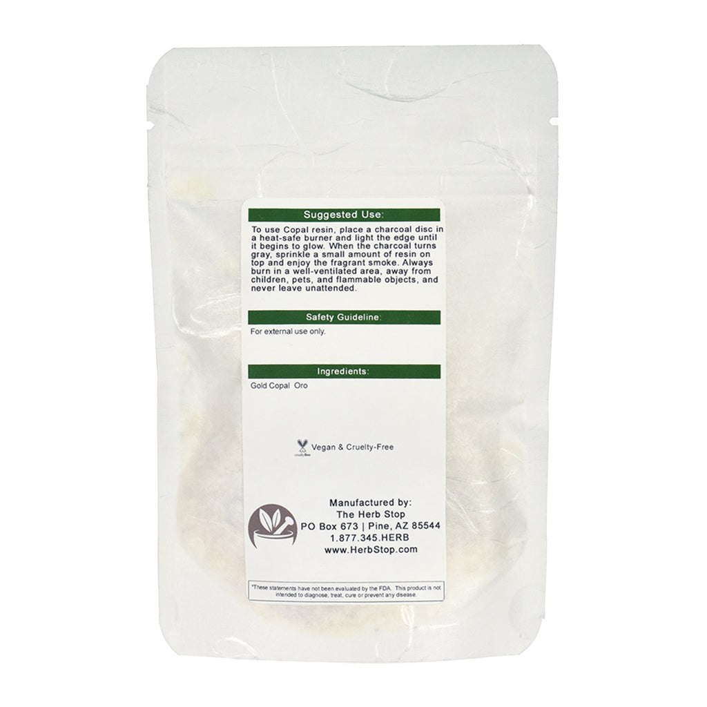 Copal Resin pieces in a white bag with suggested uses