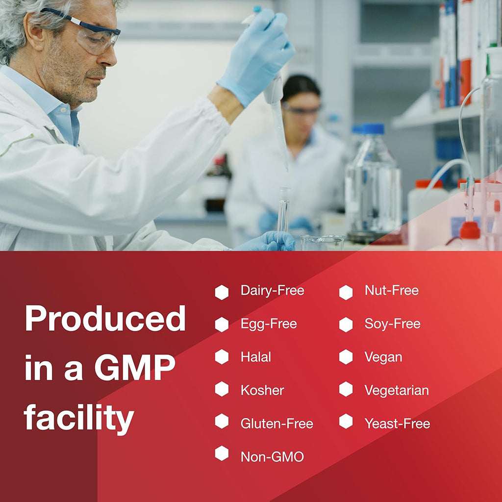 Person in a lab coat and gloves working in a laboratory with a list of dietary labels on a red background.