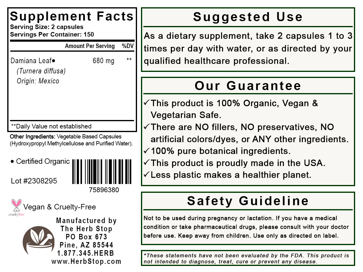 Damiana Leaf Capsules Label - Back