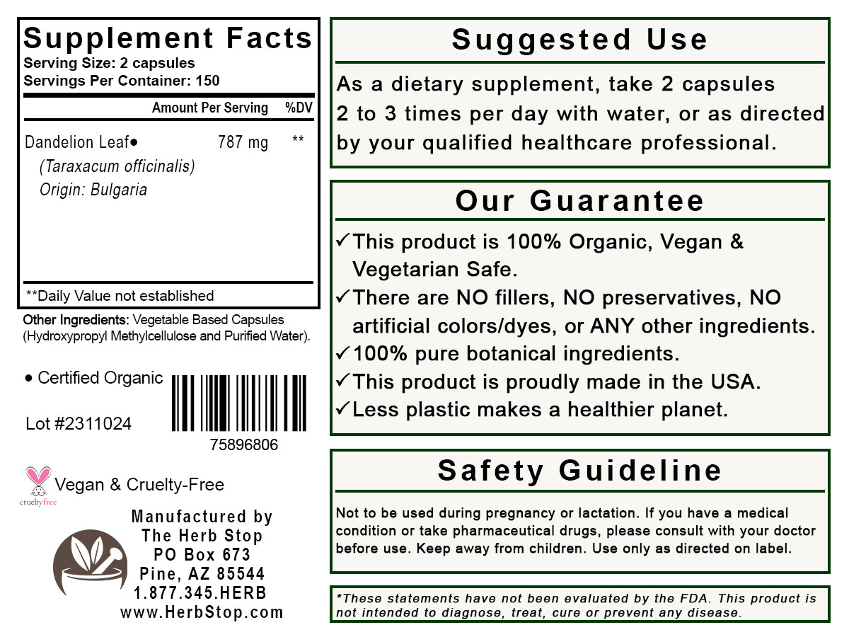 Dandelion Leaf Capsules Label - Back