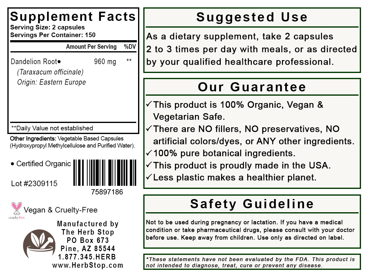 Dandelion Root Capsules Label - Back