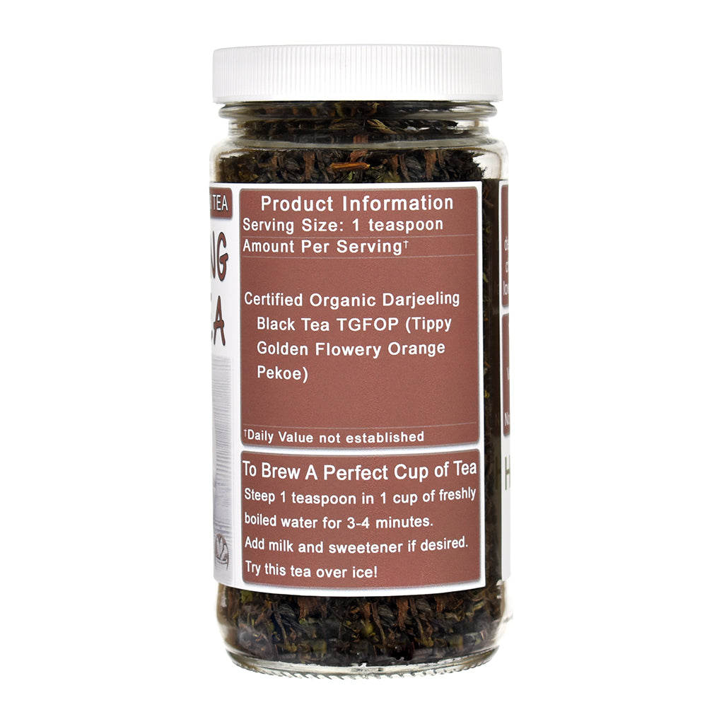 Jar of Darjeeling black tea with a label on a white background
