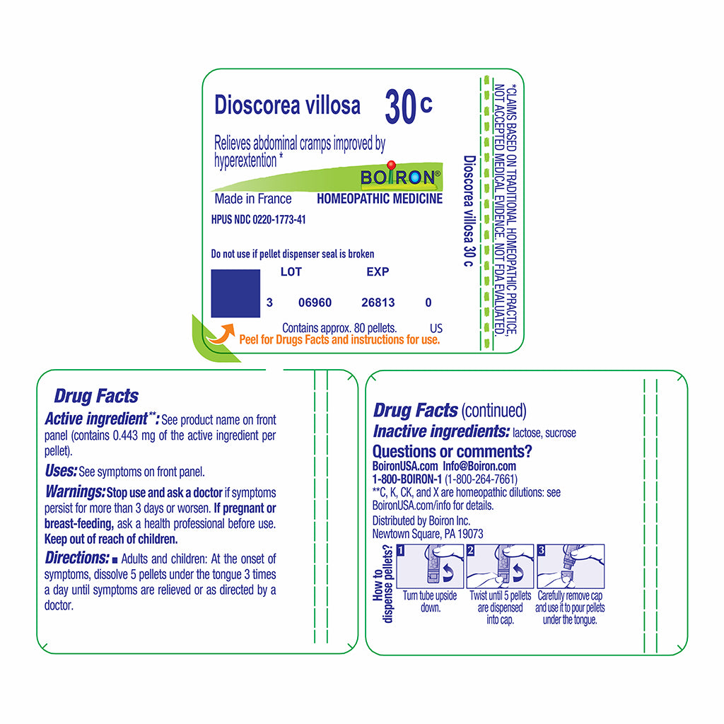 A Boron brand Dioscorea villosa 30c homeopathic medicine blister card package, showing the front and back drug facts panels on a white background.