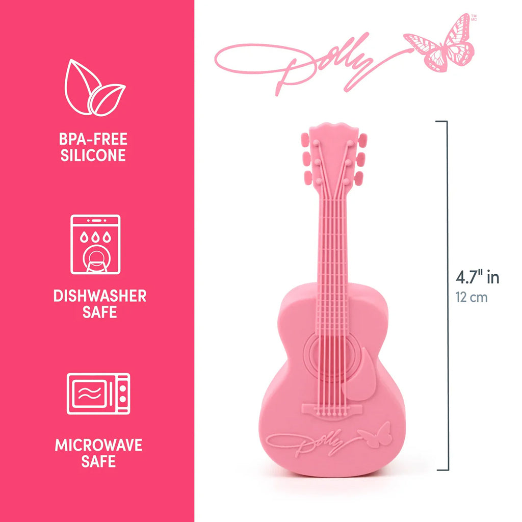 Pink guitar-shaped tea infuser with BPA-free, dishwasher-safe, and microwave-safe features on a pink background.