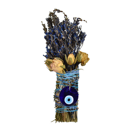 Handcrafted Evil Eye Smudge Stick with lavender, rosemary, white sage, dried roses, and a blue evil eye charm tied with blue twine