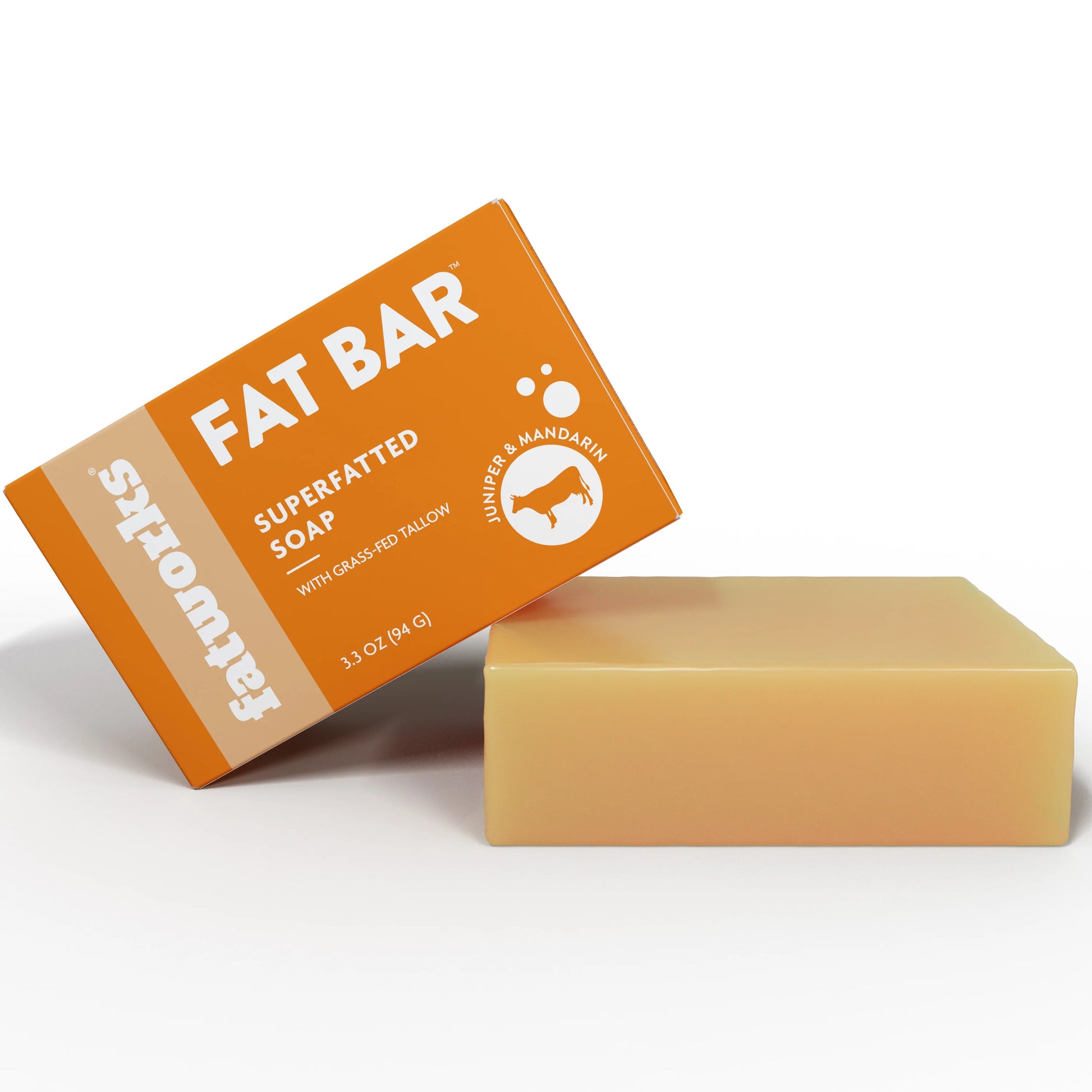 A bar of Fat Bar Superfatted Tallow Soap by Fatworks placed on a white surface