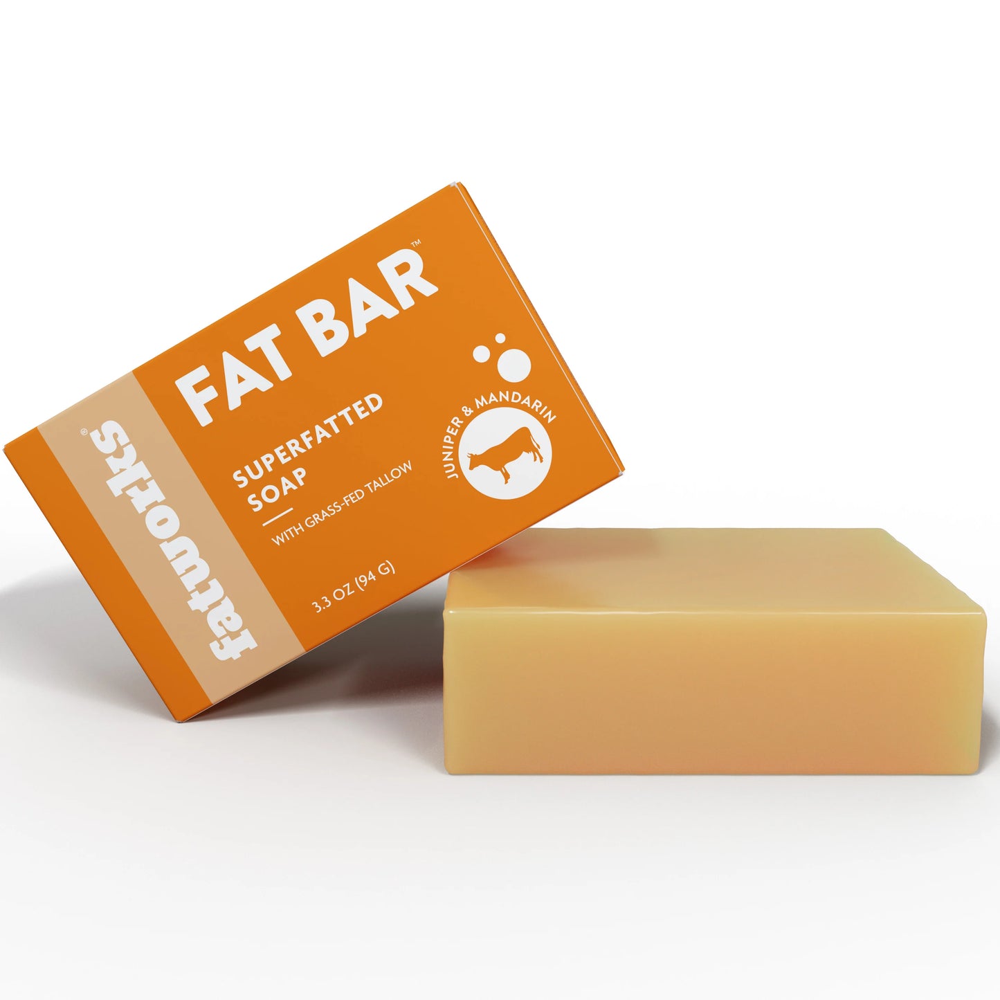 A bar of Fat Bar Superfatted Tallow Soap by Fatworks placed on a white surface
