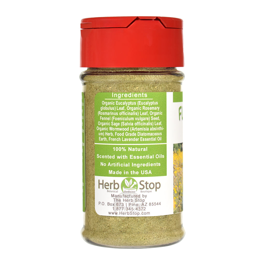 Flea & Tick Powder jar with red lid and green label on a white background