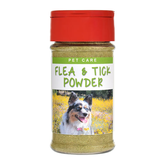 Jar of Flea & Tick Powder by Herb Stop with a red lid