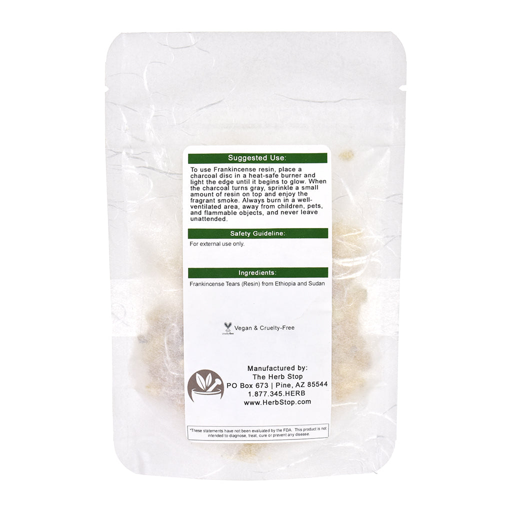 Frankincense Resin pieces in a white bag with suggested uses
