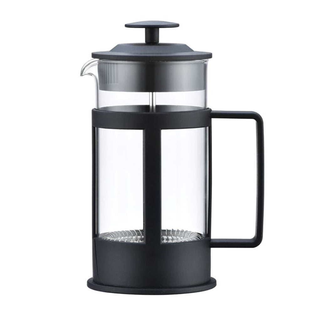 Black and glass French press coffee and tea maker on a white background