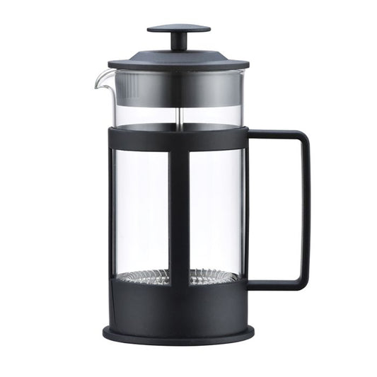 Black & glass French press on a white background