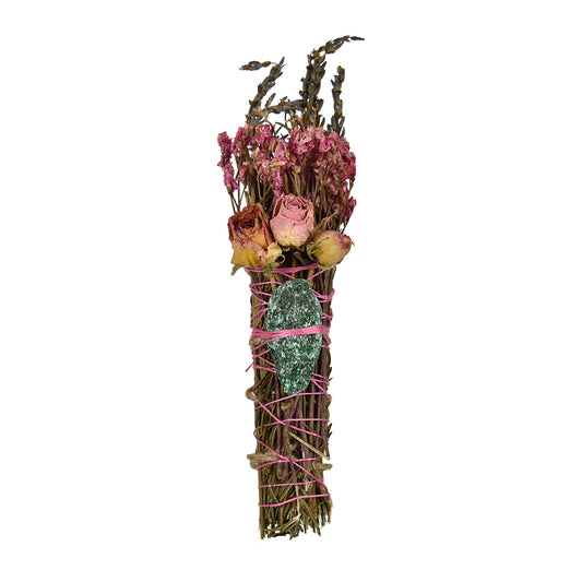 Fuchsite smudge stick with lavender, rosemary, white sage, and pink roses wrapped in pink twine