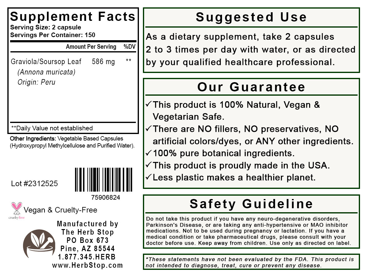 Graviola Leaf Soursop Capsules Label - Back