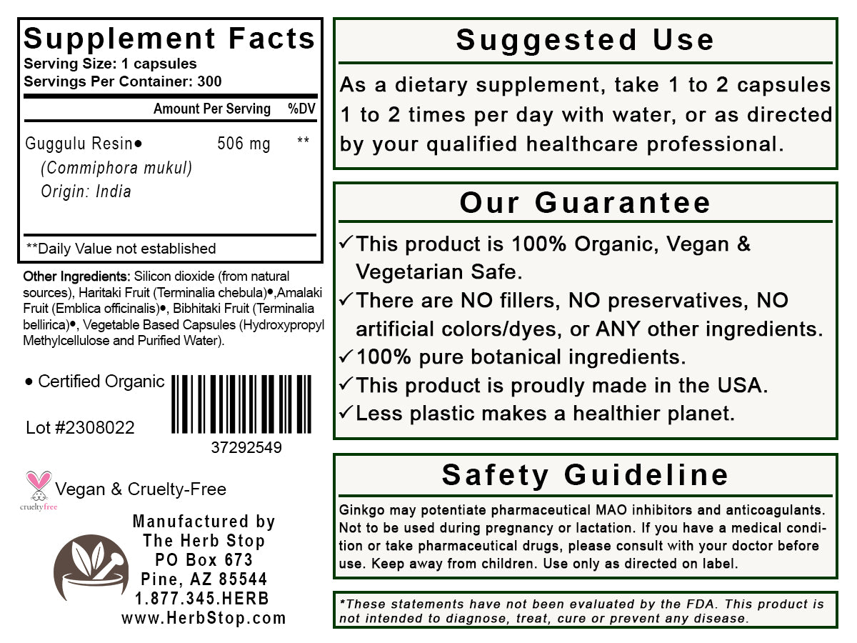 Guggulu Resin Capsules Label - Back