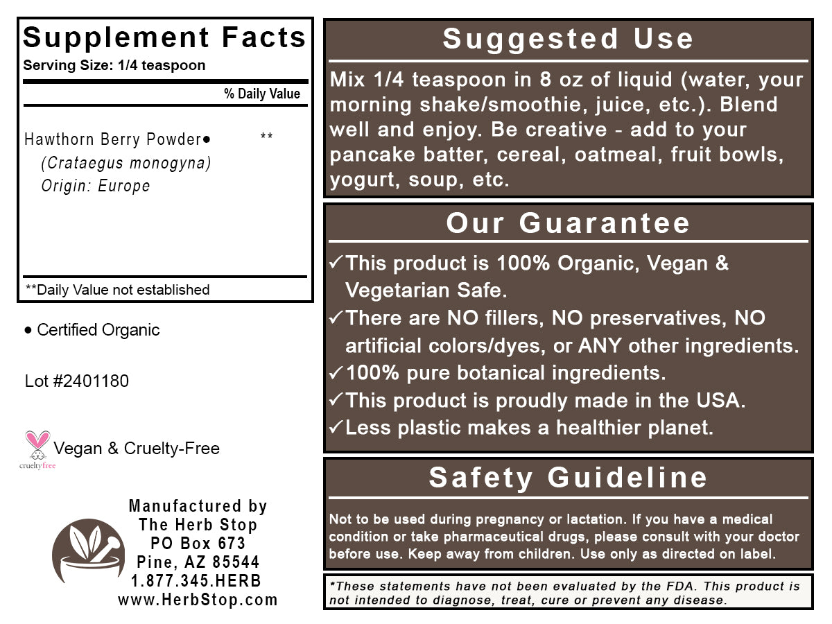 Organic Hawthorn Berry Powder Label - Back