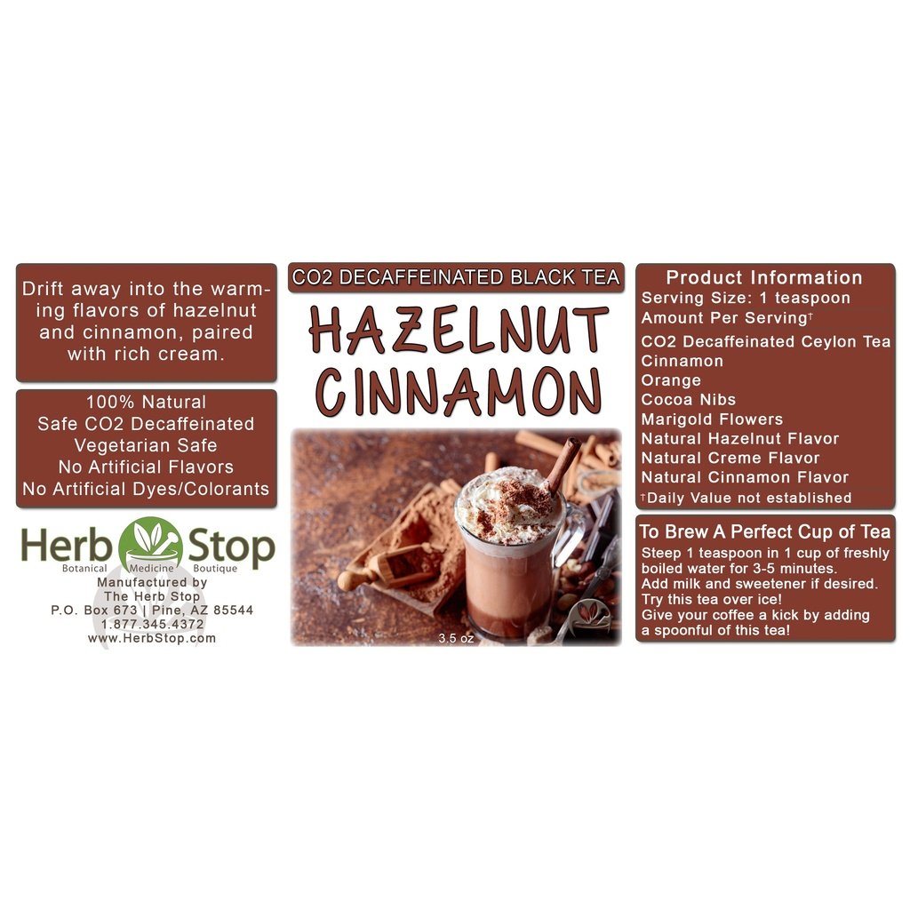 Hazelnut Cinnamon Loose Leaf Decaf Black Tea Label
